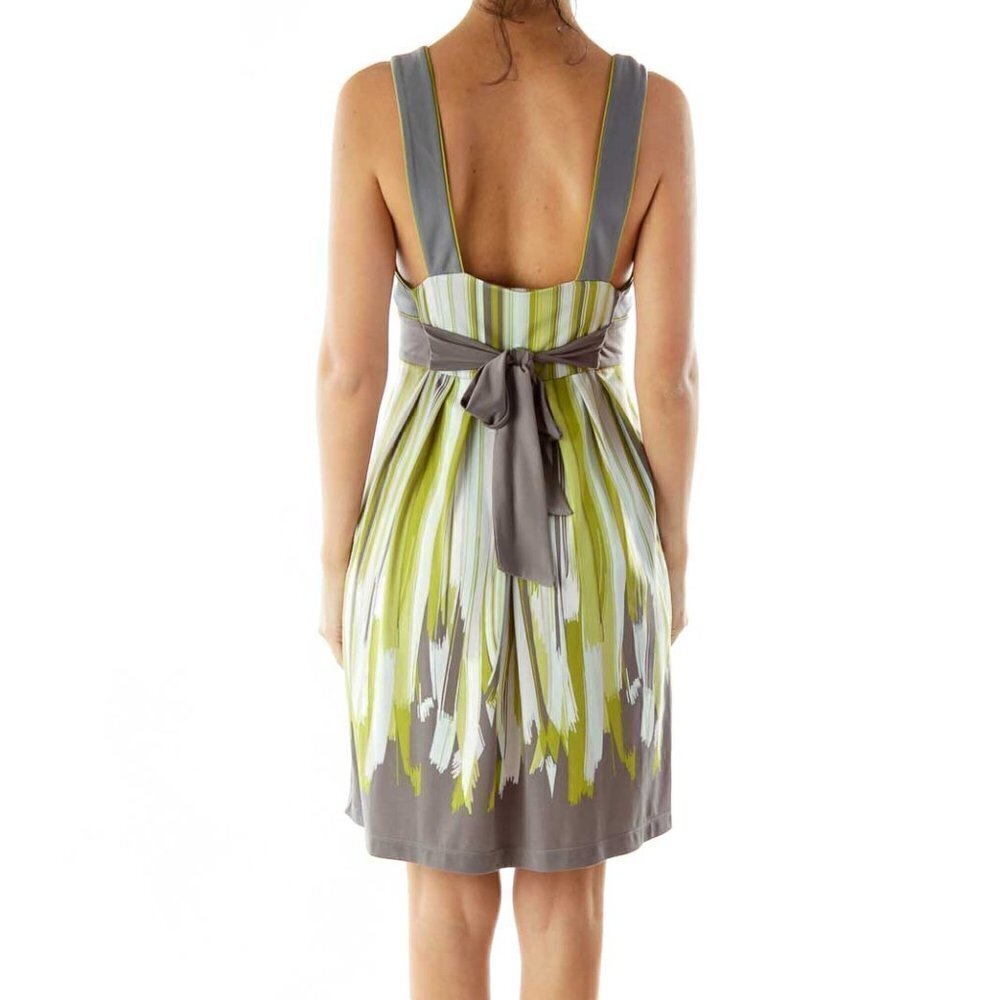 BCBG MaxAzria Green Gray Striped V-neck Day Dress - Picture 2 of 3